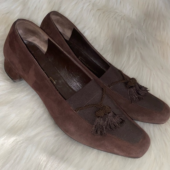 Salvatore Ferragamo Shoes Women’s Size 8.5 B Suede Tassel Loafer Heels Pumps - Picture 5 of 14